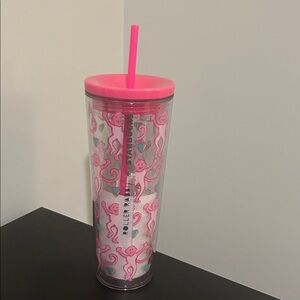 Starbucks Roller Rabbit Pink and White Tumbler with Straw